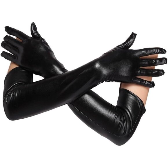 Women's Black Faux Leather Sexy Wet Look  Nylon  Adult Latex  Long  Gloves - Picture 2 of 7